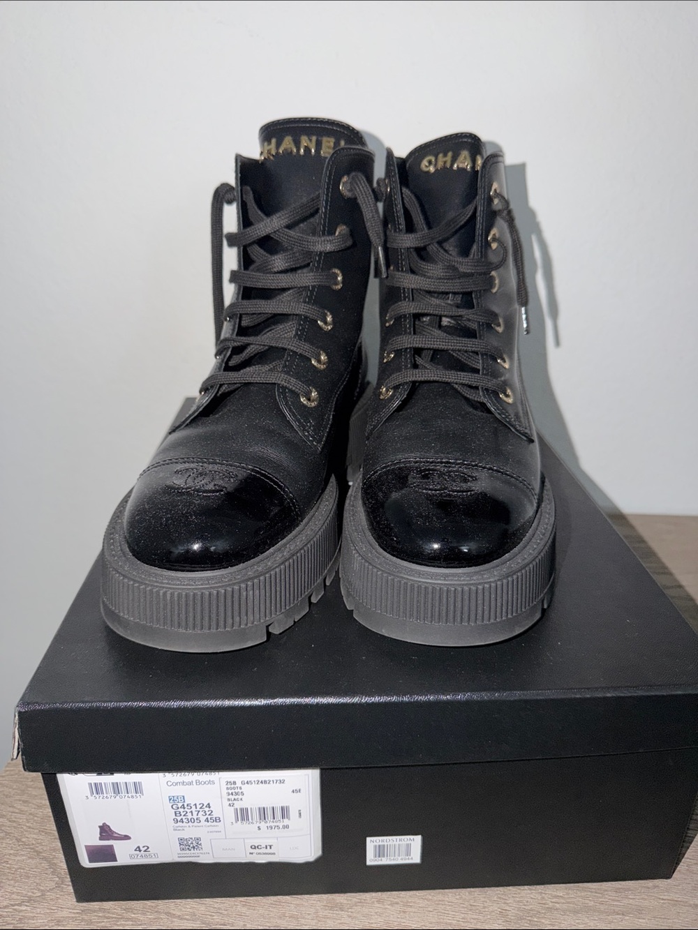 CHANEL Black High-Top Combat Boots with Gloss Toe Cap
